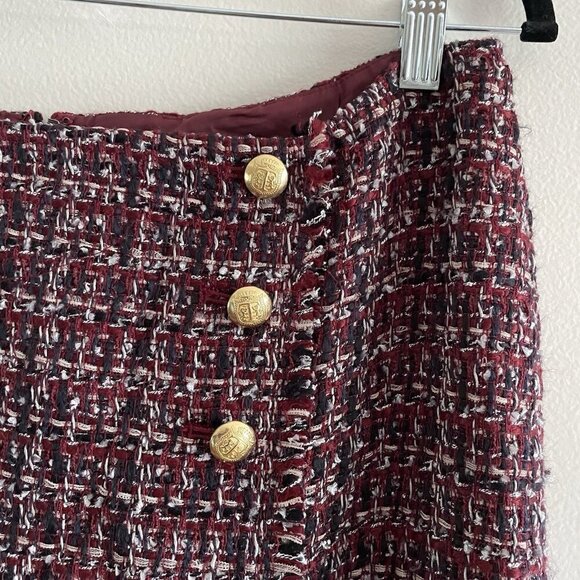 Talbots Women 10 Burgundy Tweed Fringe Hem Button Faux Wrap Pencil Skirt - Picture 7 of 11